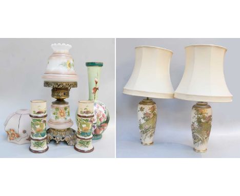 A Pair of Victorian Floral Painted Opaque Glass Spill Vases, a similar larger vase, a 20th century table lamp in the form of 