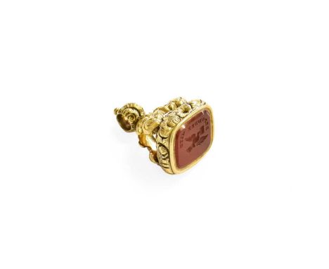 An Intaglio Seal, the carnelian carved with a bird and Respondez ViteUnmarked, in our opinion would test as gold. Gross weigh