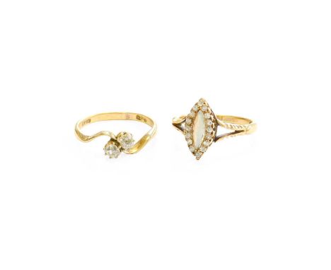 An Opal and Diamond Cluster Ring, the marquise shaped cabochon opal within a border of old cut diamonds, in yellow claw setti