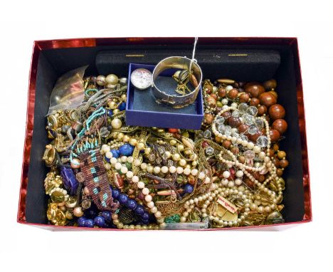 A Quantity of Costume Jewellery, including a moonstone brooch, stamped 'STERLING SILVER'; a silver hinged bangle; a silver lo