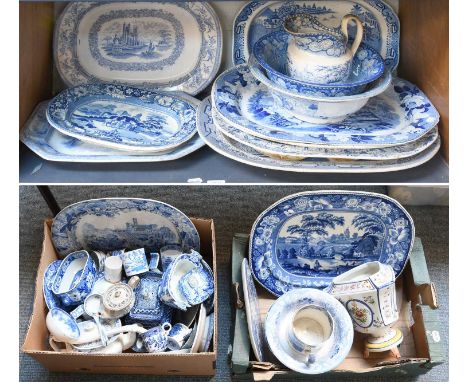 Nine Various Pearlware Meat Plates/Platters, early-mid 19th century, printed in underglaze blue, two basins, a jug and a quan