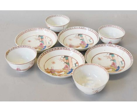 Three 18th Century English Porcelain Tea Bowls and Four Matching Saucers, circa 1780, painted in polychrome enamels with Mand
