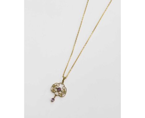 An Amethyst and Split Pearl Pendant on Chain, the pendant of scroll form set throughout with split pearls, a round cut amethy