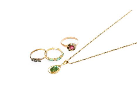 A Small Quantity of Jewellery, including a jade pendant on chain, pendant length 2.5cm, chain length 49cm; an emerald and dia