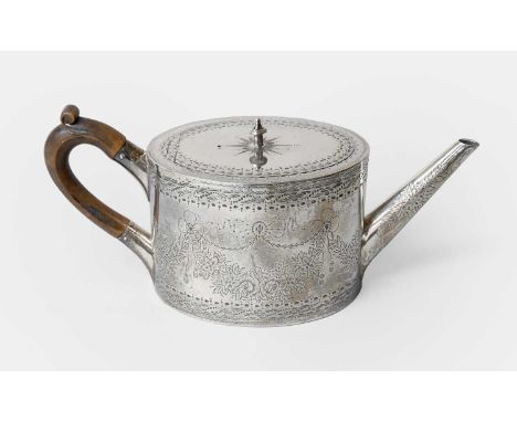 A Victorian Silver Teapot, by John, Edward, Walter and John Barnard, London, 1872, oval and engraved with ribbon-tied floral 