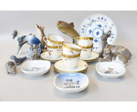 Royal Copenhagen Porcelain, including a set of six tea cups and saucers, other dishes, various models etc. (one tray)