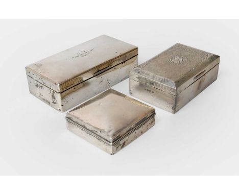 Three Various Silver Cigarette-Boxes, two oblong and one square, one oblong example engine-turned with Art Deco style decorat