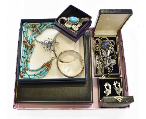 A Quantity of Jewellery, including a turquoise and coral necklace; a colourless stone pendant on chain; a silver frog, dragon