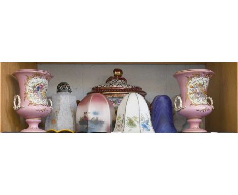 A Pair of Sevres Style Campana Vases, pink ground and with musical trophies, a similar tureen and a collection of 1930s glass