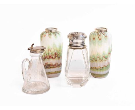 A Collection of Assorted Silver-Mounted Glass Items, including a silver-mounted engraved glass whiskey-tot; a silver-mounted 