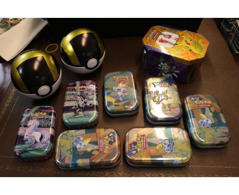 Ten various pokemon playing card collectors tins to include two poke ball style