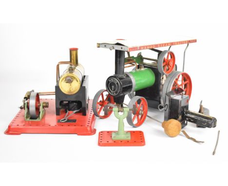 Mamod TE1A live steam model traction engine together with an SE3 stationary engine and grinding tool