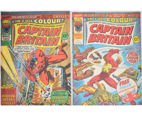 Two Captain Britain comics by Marvel UK comprising issue #1 origin and first appearance and issue #8 first appearance of Bets