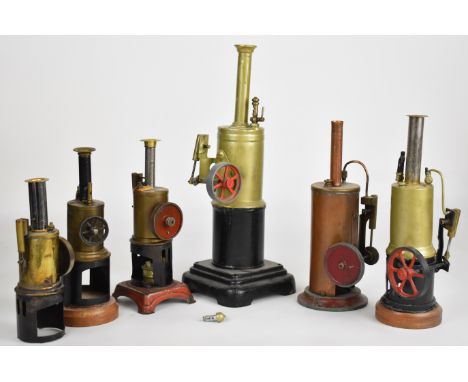 Six various vertical live steam stationary engines to include Fleischmann and Burnac examples