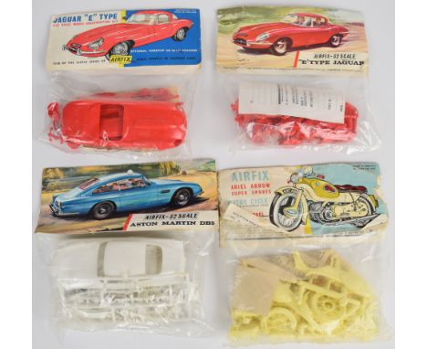 Four Airfix 1:32 scale plastic model classic car and motorcycle kits comprising Jaguar E Type M5C x2, Aston Martin DB5 M10C a