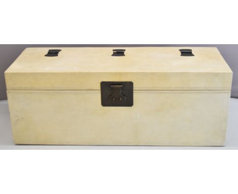 Contemporary designed twin handled leather ottoman with with bronze fittings, W143 x D52 x H52cm