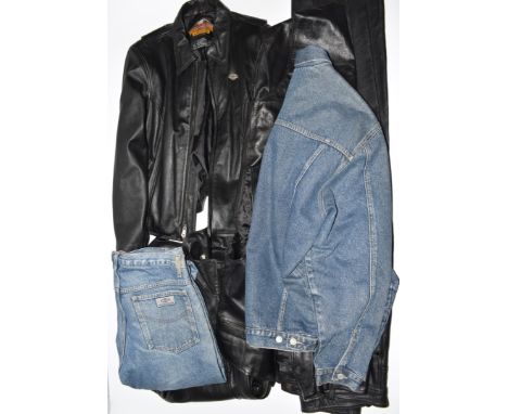 Gentleman's Triumph Motorcycle jacket size XXL, leather trousers 36w 32leg and two leather waistcoats, together with 'Hood' d