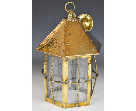 Arts &amp; Crafts brass hallway or similar lamp with riveted and hammered decoration, height of lamp 33cm