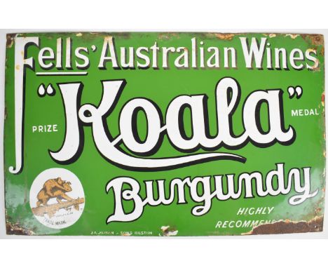 Fells' Australian Wines green enamel advertising sign 'Koala' Burgundy -  Highly Recommended' with koala and cub pictorial tr