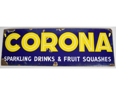 Vintage 'Corona Sparkling Drinks &amp; Fruit Squashes' enamel advertising sign, 25.5 x 76.5cm&nbsp;
