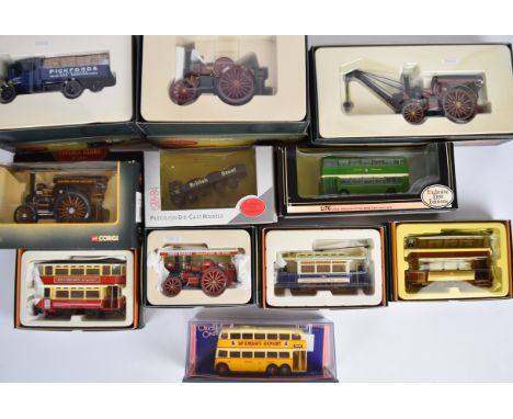 Eleven Corgi and similar diecast showman's engines, buses, trams etc, to include The Vintage Glory of Steam series, all in or