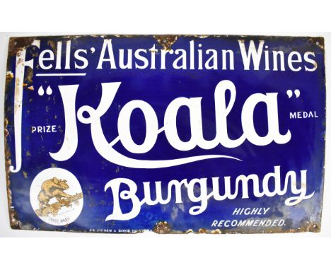 Fells' Australian Wines blue enamel advertising sign Koala Burgundy - Highly Recommended with koala and cub pictorial tradema