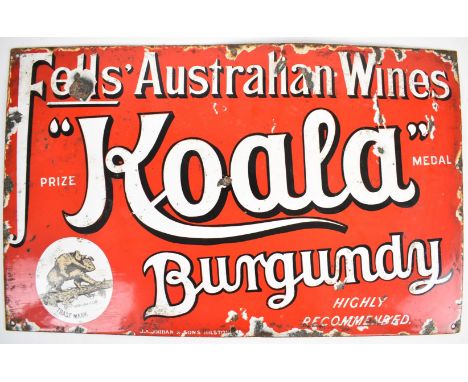 Fells' Australian Wines red enamel advertising sign Koala Burgundy - Highly Recommended with koala and cub pictorial trademar
