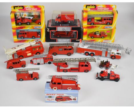 Sixteen diecast model fire engines including vintage Dinky examples, some in original boxes.