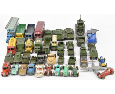 Forty-five vintage Dinky and Corgi diecast model cars, trucks and military vehicles.