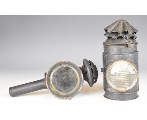 Police or similar hand lamp together with a Luxor veteran or vintage bicycle, motorcycle or car light, height of taller 24cm