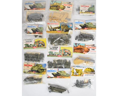 Twelve Airfix H0/00 scale plastic model tanks and similar military vehicles to include MK VII Churchill A4V, PzKw V Panther T