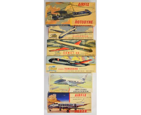 Six vintage Airfix 1:72 and 1:144 scale plastic model aircraft kits comprising Skyking Caravelle SK 400, Vickers Vanguard SK5