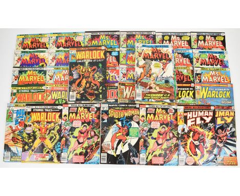 Sixty-three bronze age Marvel comics comprising titles Ms. Marvel, The Spider-Woman, The Human Fly and Strange Tales featurin