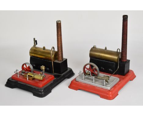 Two Fleischmann or similar live steam stationary engines, one with single oscillating cylinder, the other a slip eccentric cy