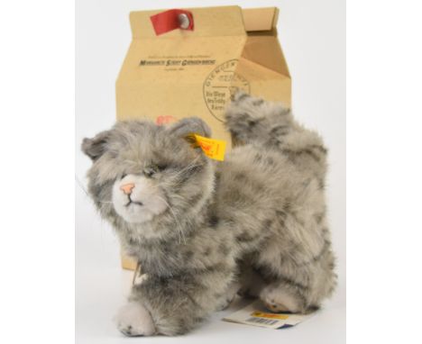 Steiff Whiskers cat with button and tag to ear, 075339, in original box.
