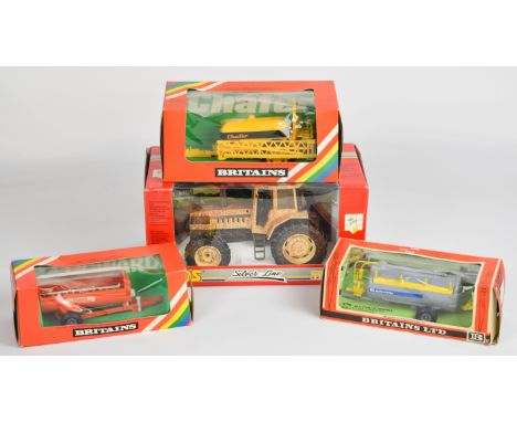 Four diecast model agricultural vehicles comprising Ros Silverline 1706 Lamborghini 10255, Britains Rotary Manure Spreader 95