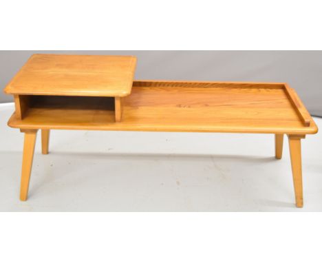Ercol light elm mid century modern telephone seat with upholstered cushion, W115 x D41.5 x H46cm