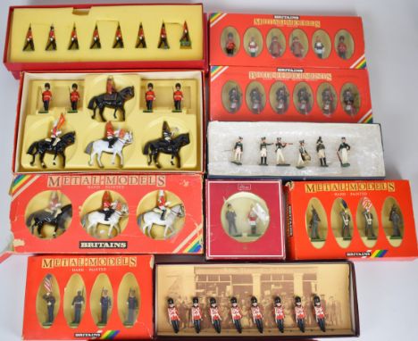 Eleven Britains and similar 1:32 scale metal soldier sets to include Royal Marine Colour Party 7201, Scots Guard Pipers 7241 