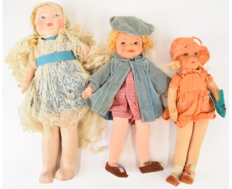 Three early twentieth century Chad Valley or similar Bambina style cloth dolls, tallest 44cm.