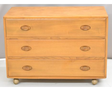 Ercol light elm mid century modern chest of three drawers, W91 x D43 x H65.5cm