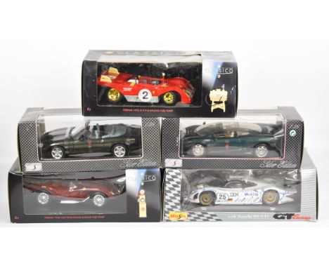 Five Maisto and Shell Collezione 1:18 scale diecast model sports cars to include Jaguar XJ220 and Ferrari 250 Testa Rossa, al