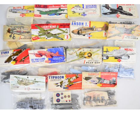 Fifteen early Airfix 1:72 scale plastic model aircraft kits to include Hawker Hurricane 1396, Hawker Hunter F6 288, Gladiator