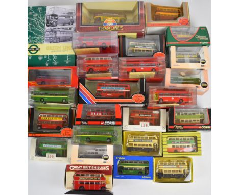 Twenty-six 1:76 scale diecast model buses, manufacturers include Corgi Original Omnibus, Britbus, Oxford, Gilbow Exclusive Fi