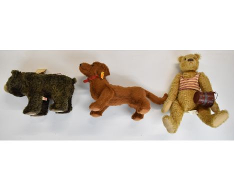 A group of three Teddy Bears and animals to include a Steiff Dachshund 078712.