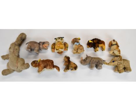 Ten vintage Steiff and similar soft animals to include Murmy, Bison, Wittie, Paddy and Mockie, some with original tags and bu