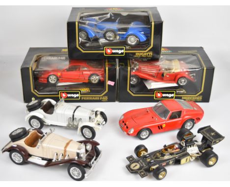 Seven mostly Burago 1:18 scale diecast model cars to include Ferrari F40, Bugatti Grand Pris 1935 and Mercedes Benz SSKL 1931