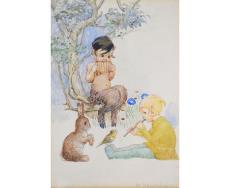 Amy Millicent Sowerby (1878-1967) pencil and watercolour faun and pixie playing music to a rabbit and bird, possibly for a po