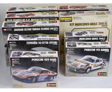 Nine Burago 1:18 and 1:24 scale diecast Metalkit cars to include Ferrari 250 GT0, Jaguar E Coup&eacute;, Jaguar SS 100 Targa 