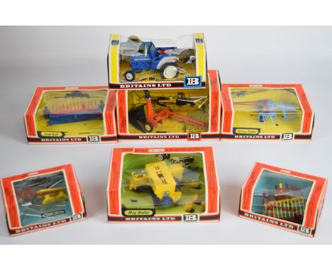 Seven Britains 1:32 scale agricultural vehicles and farm implements comprising Ford 5000 Tractor 9527, Forage Harvester 6542,