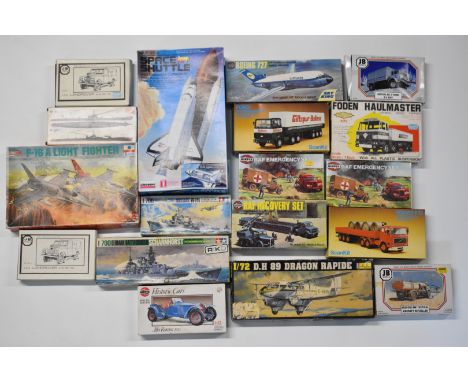 Eighteen various scale plastic model kits by Airfix, Heller, Tamiya and similar, to include battleships, commercial airliners